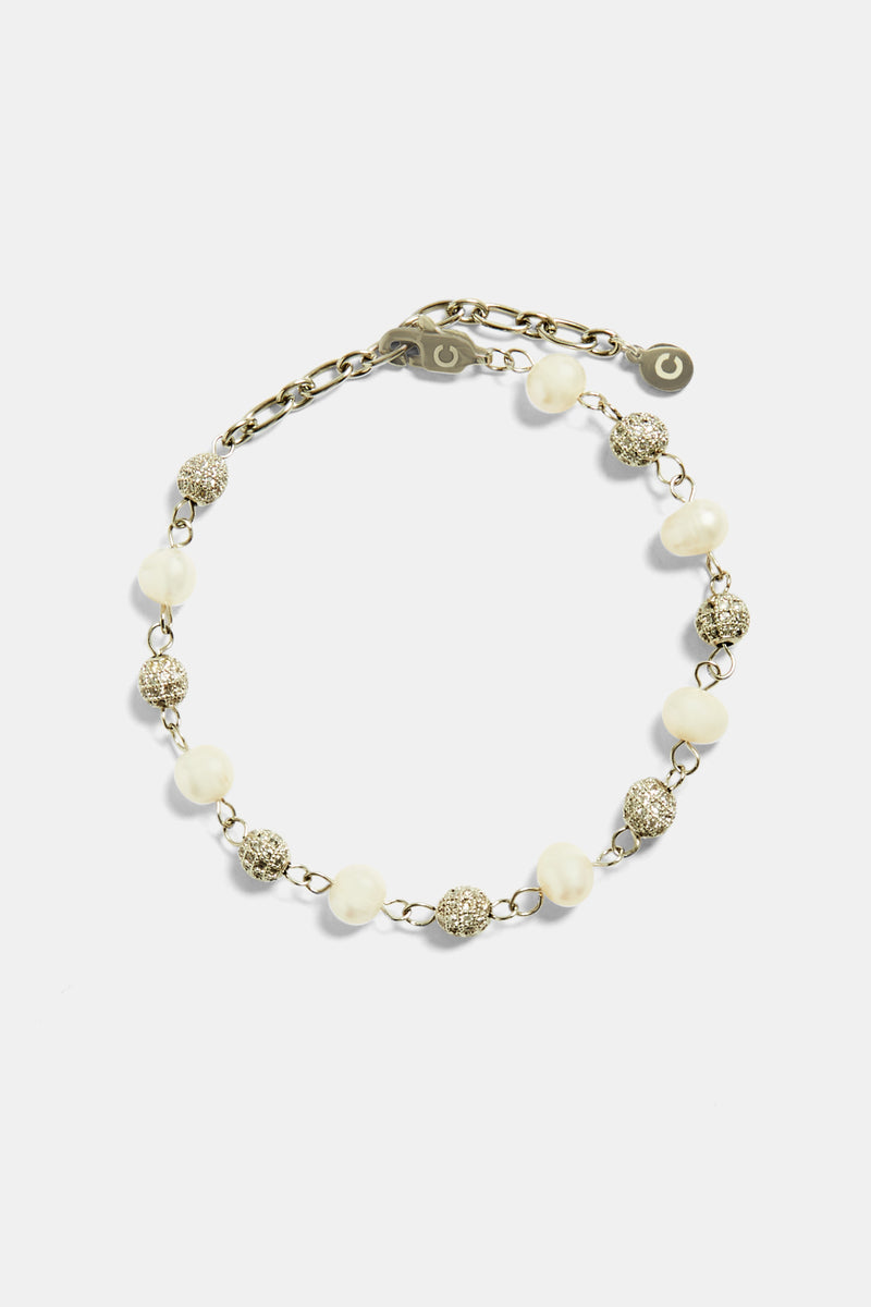 Ice CZ Ball & Freshwater Pearl Bracelet - White Gold