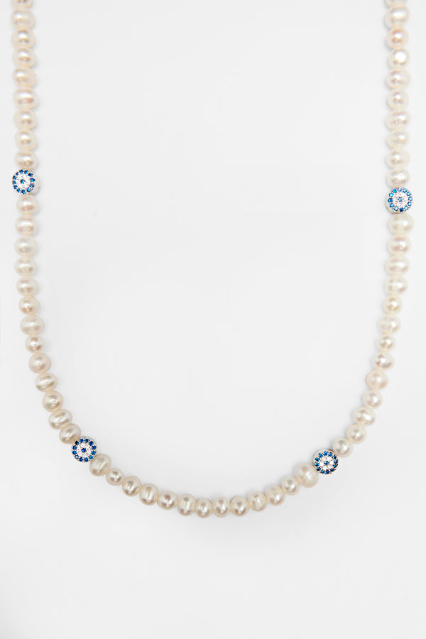 Freshwater Pearl and Iced Evil Eye Necklace