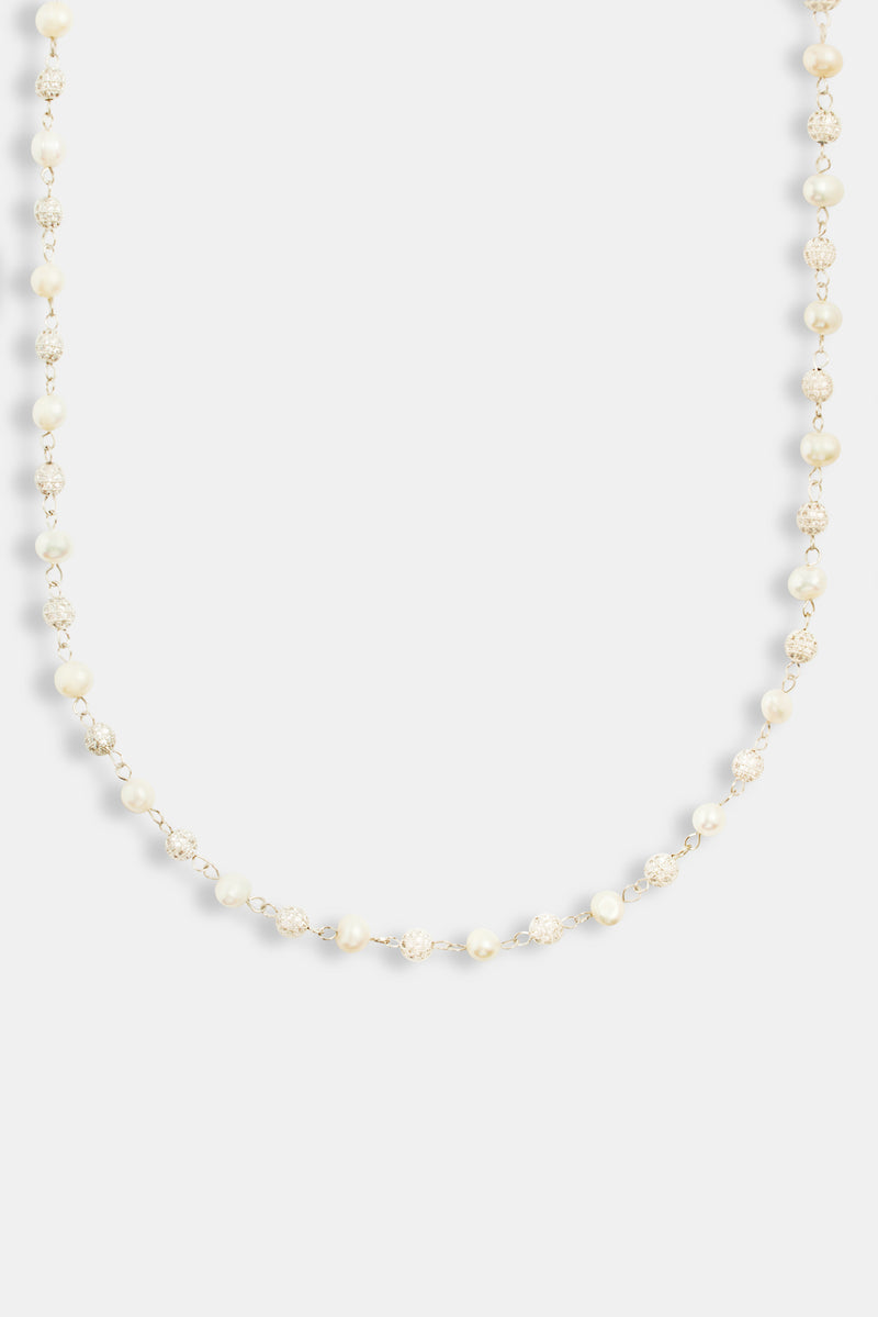 Ice CZ Ball & Freshwater Pearl Necklace - White Gold