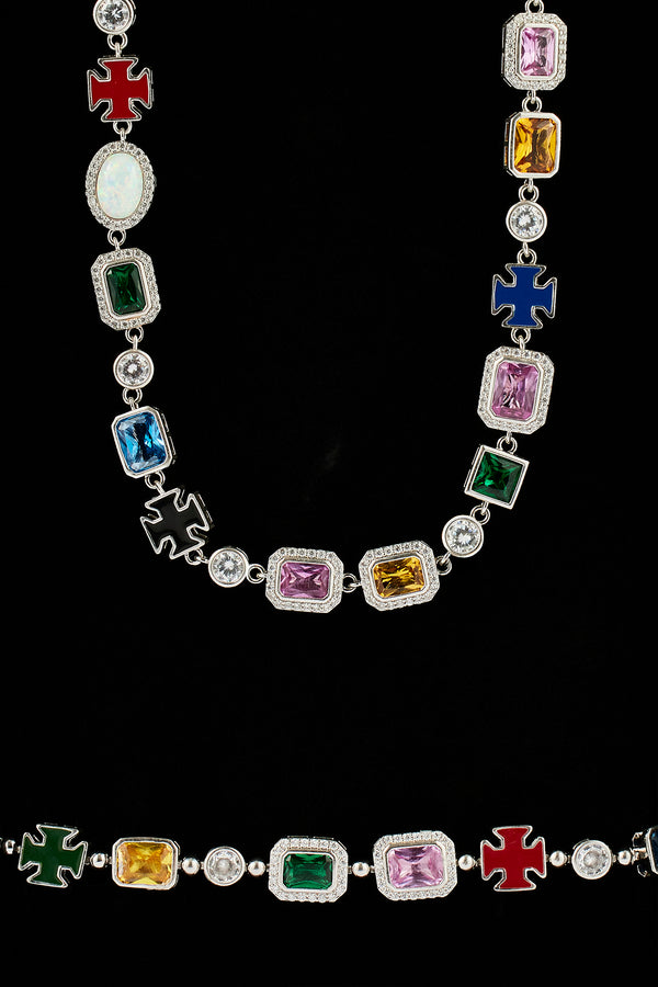 Multi Gemstone Motif Necklace & Bracelet - White - 10mm