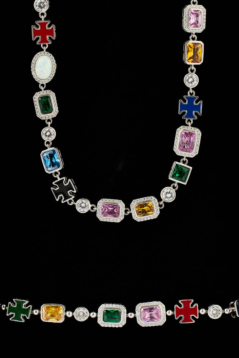 Multi Gemstone Motif Necklace & Bracelet - White - 10mm