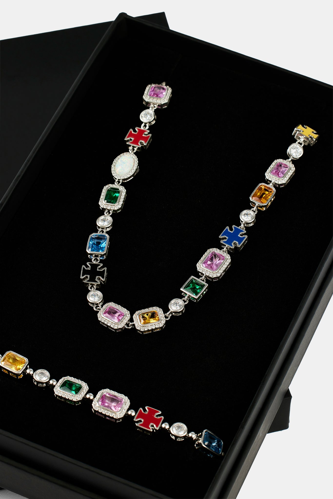Multi Gemstone Motif Necklace & Bracelet - White - 10mm
