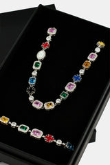 Multi Gemstone Motif Necklace & Bracelet - White - 10mm
