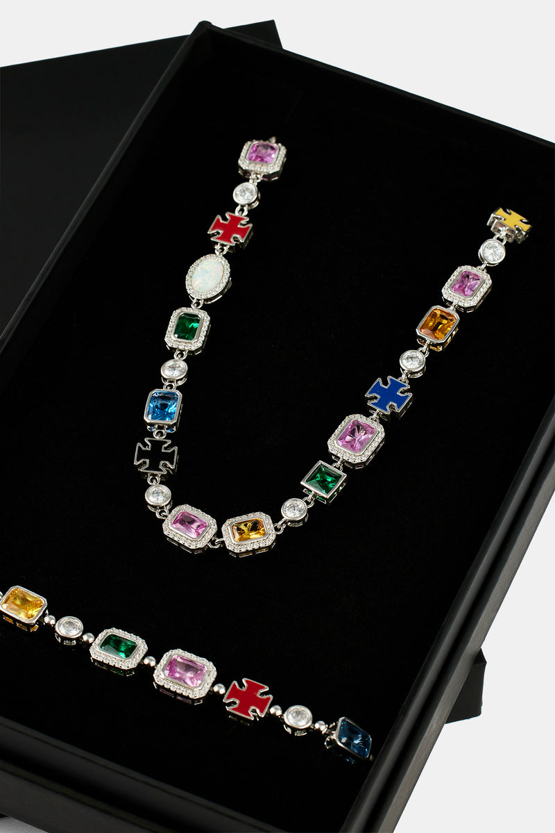 Multi Gemstone Motif Necklace & Bracelet - White - 10mm