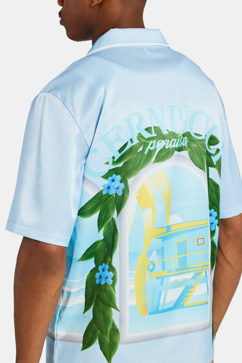Cernucci Beach Hut Graphic Satin Shirt - Light Blue