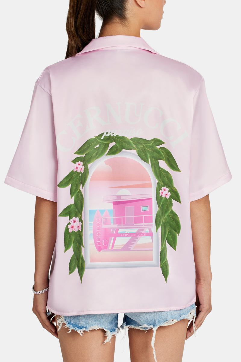 Beach Hut Graphic Satin Shirt  - Light Pink
