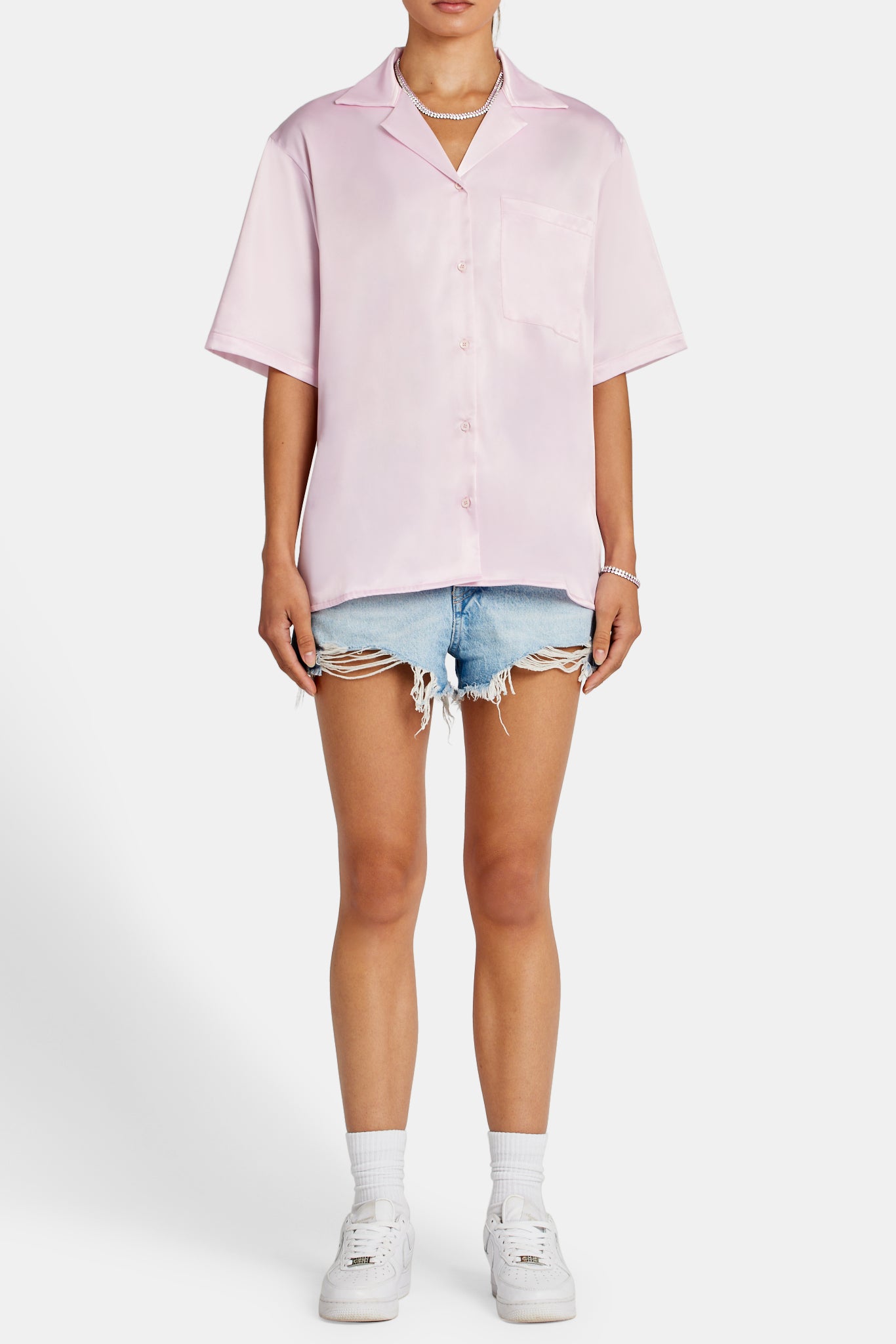 Beach Hut Grafik Satin Shirt - Hellrosa