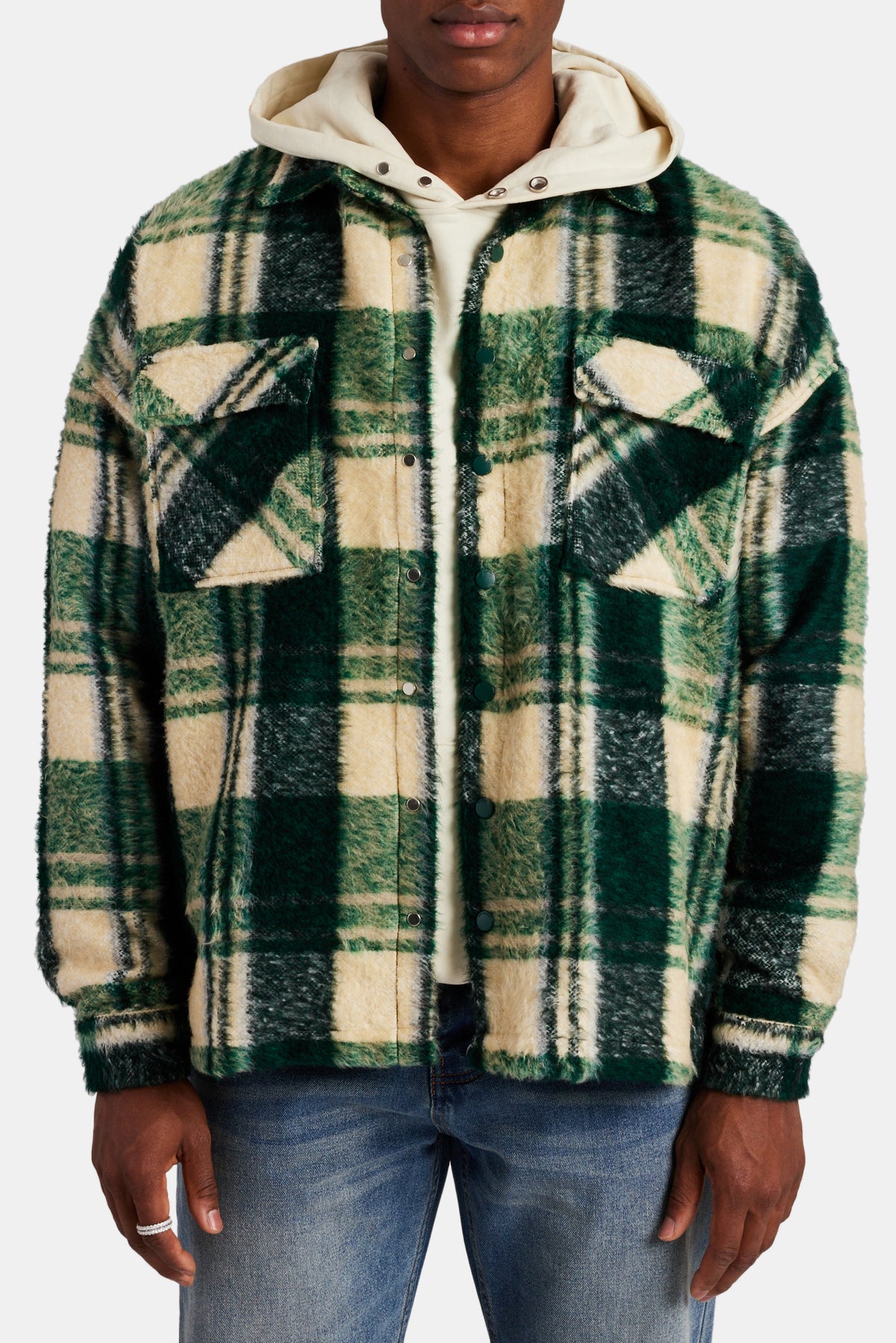 Brushed Check Lined Overshirt Green Mens Shirts Shop Printed