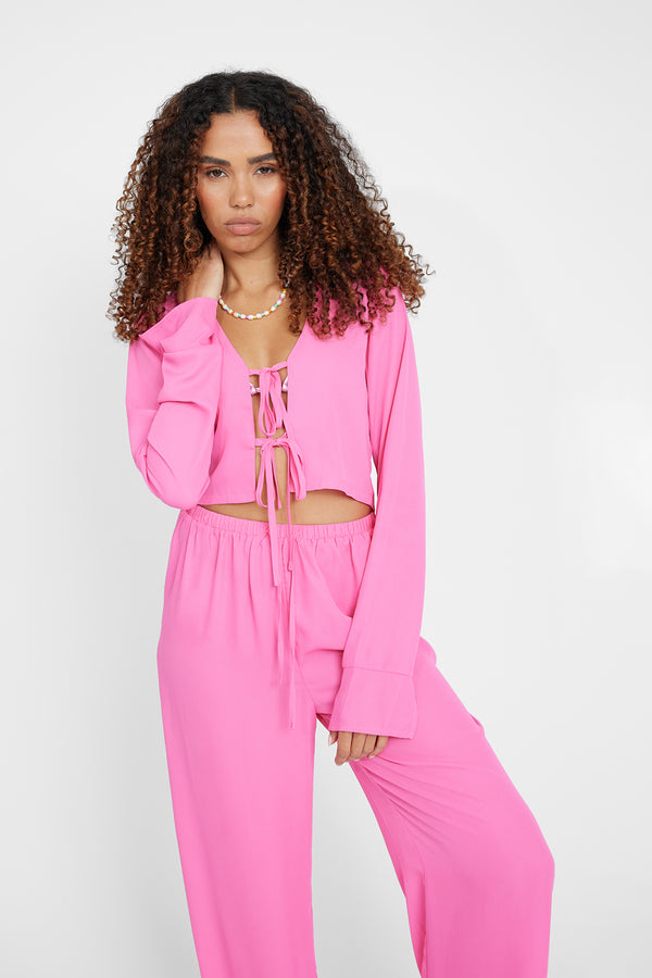 Tie Front Beach Cover Up Top - Pink
