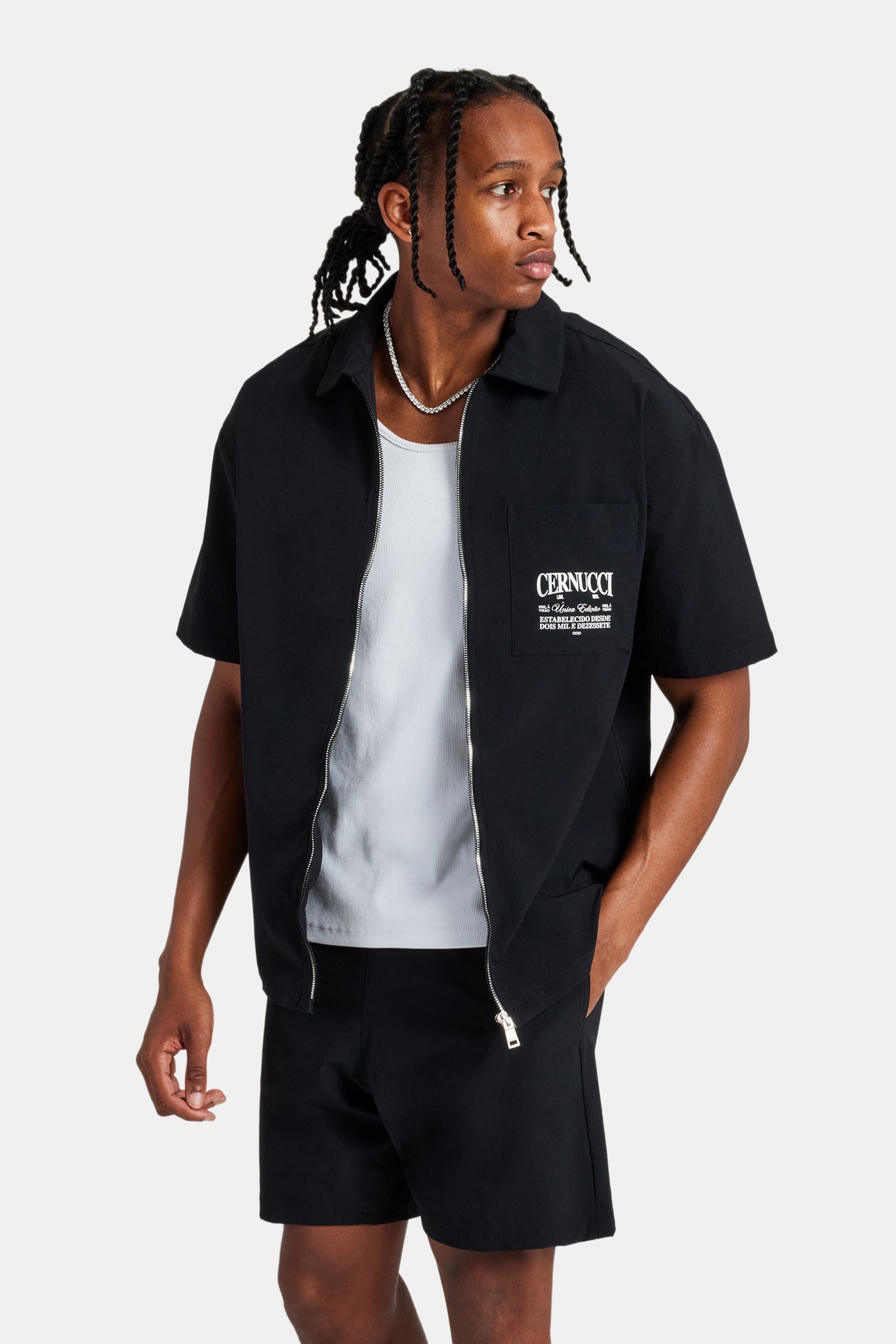 Hemd mit Reißverschluss vorne und Texttasche - Schwarz