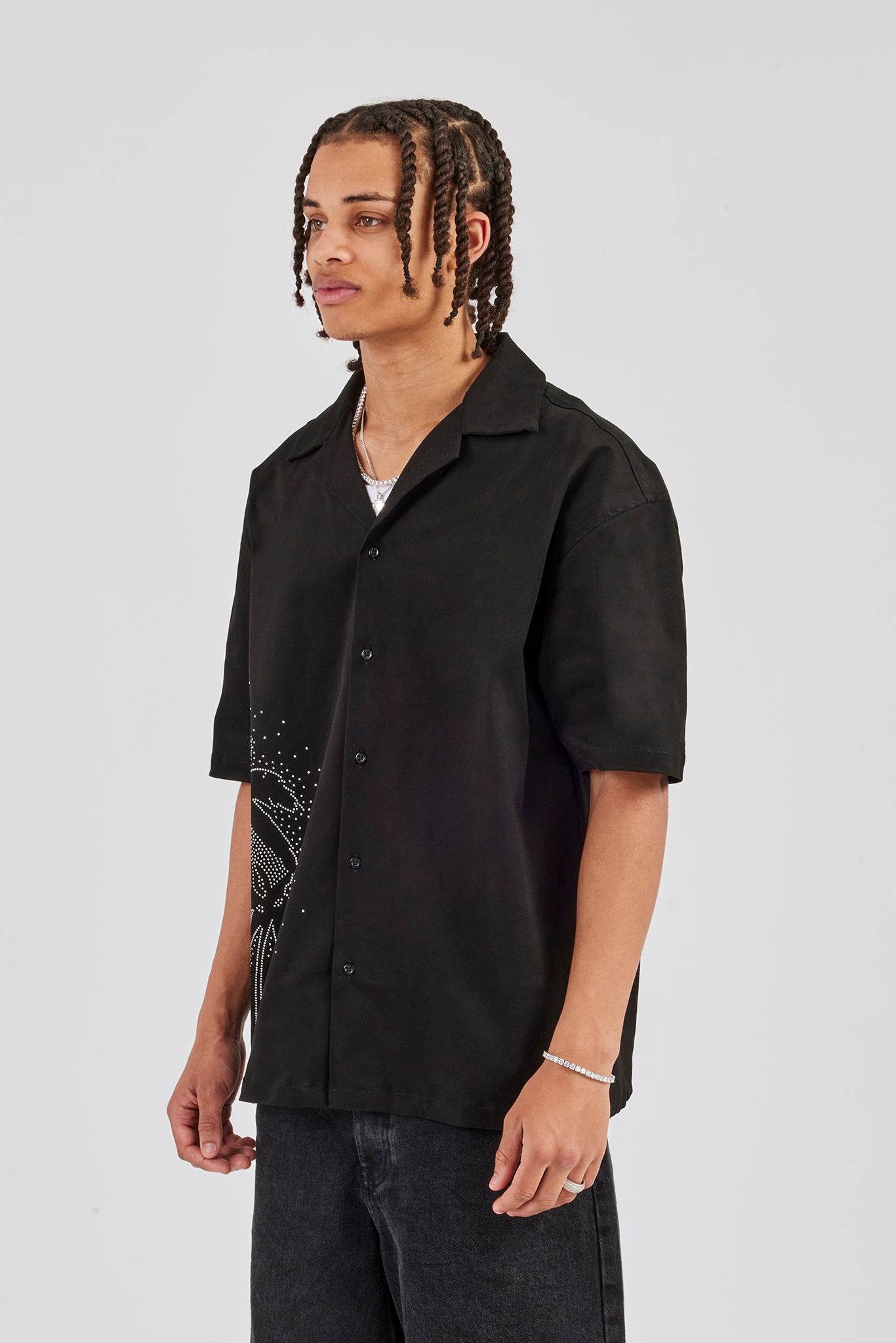 Rhinestone Palm Shirt - Black