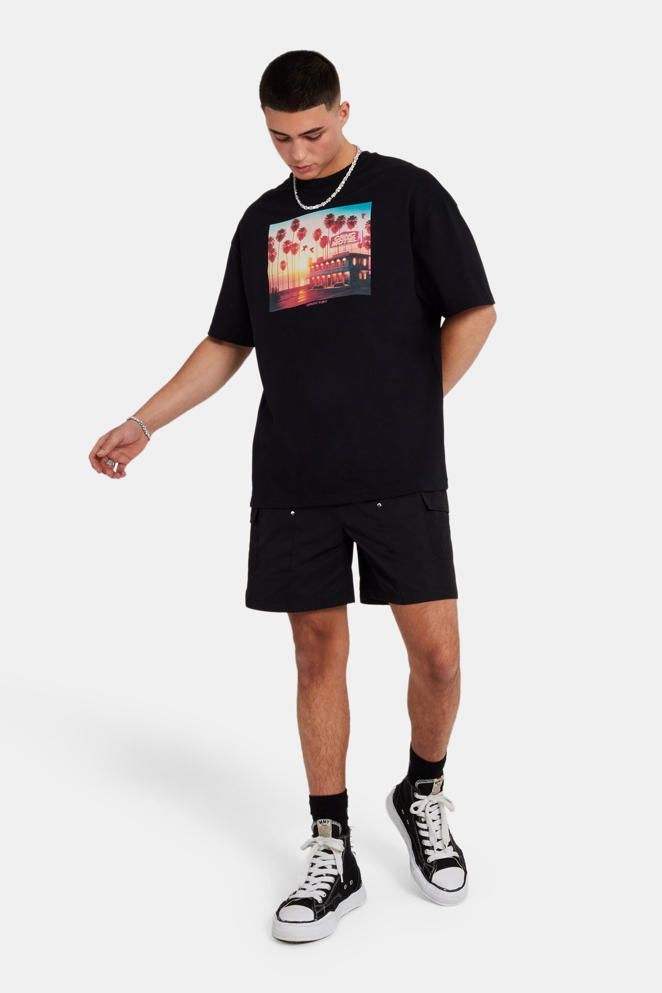 Oversize-T-Shirt mit Palm Sunset-Grafik - Schwarz