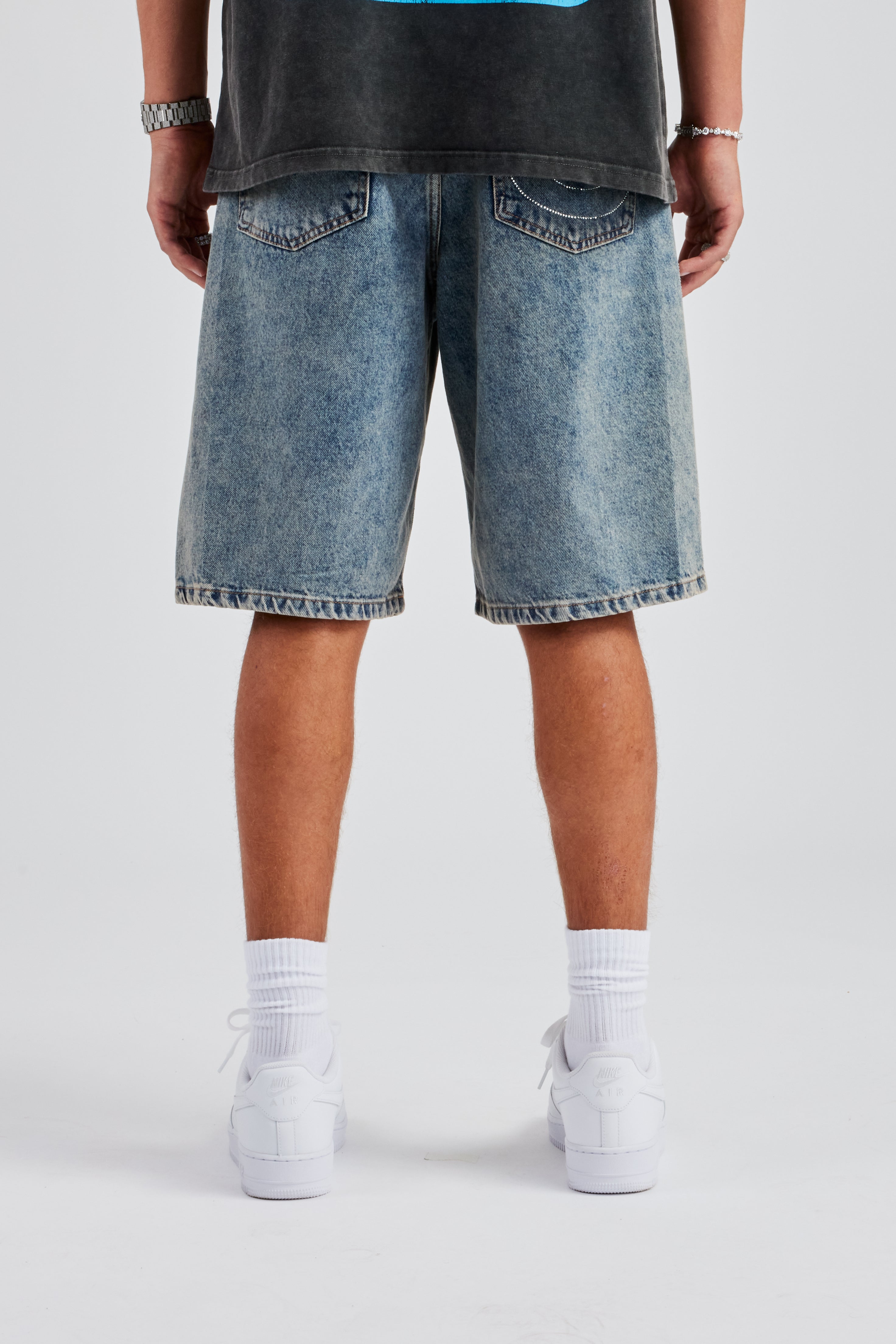Relaxed Bermuda Jorts mit Strass-Motiv - Mittelblau