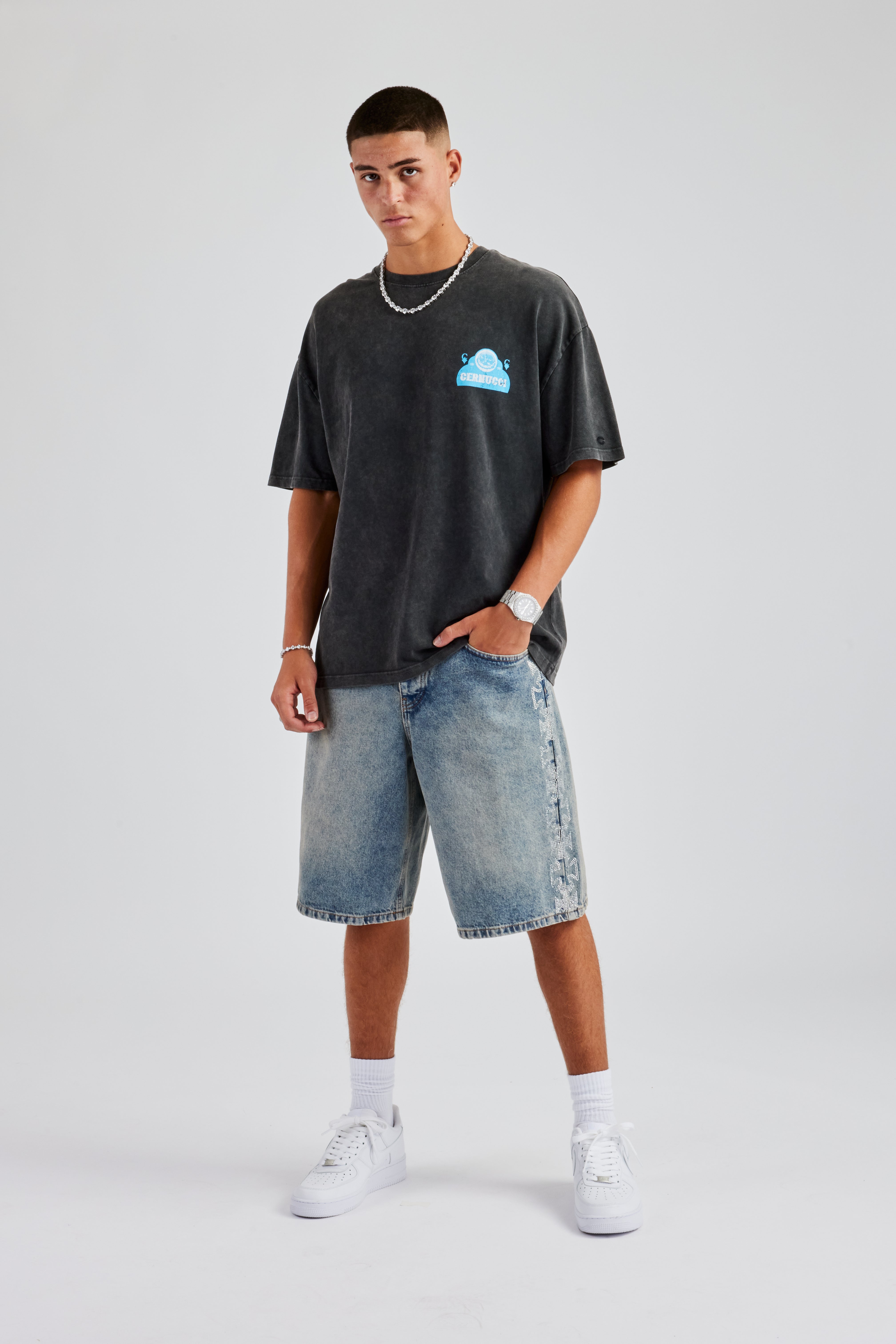 Relaxed Bermuda Jorts mit Strass-Motiv - Mittelblau