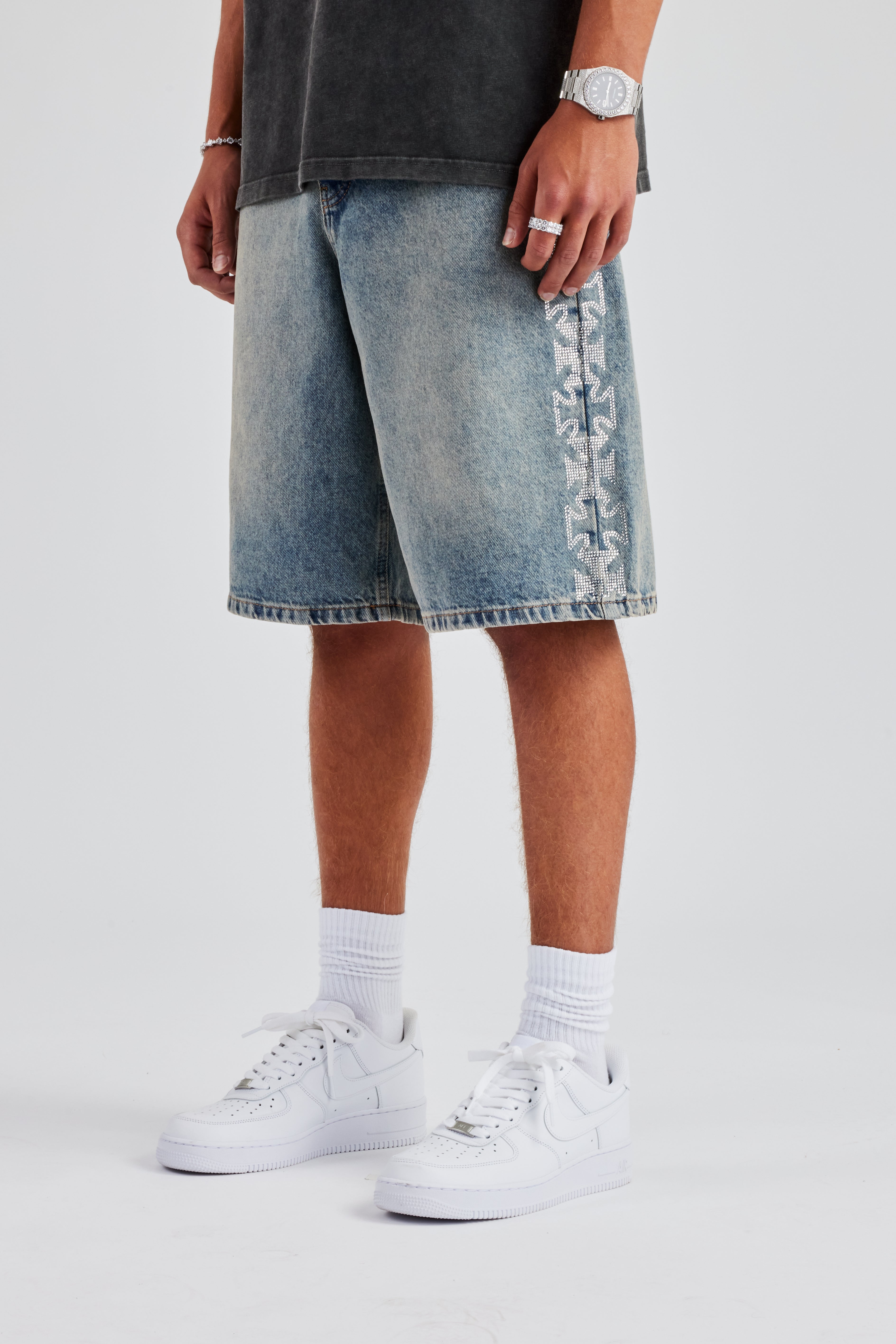 Relaxed Bermuda Jorts mit Strass-Motiv - Mittelblau
