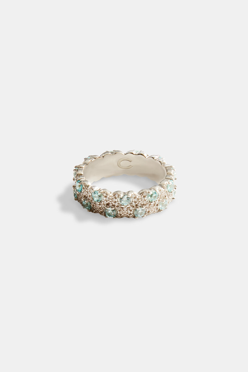 Iced Clear & Blue CZ Pave Ring - White Gold