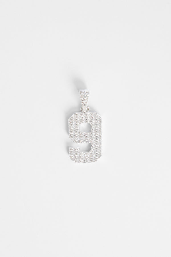 Iced 9 Number Pendant - White Gold