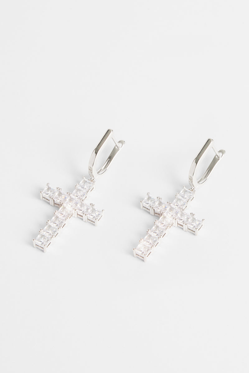 Iced Clear Cross Drop Earrings - White Gold