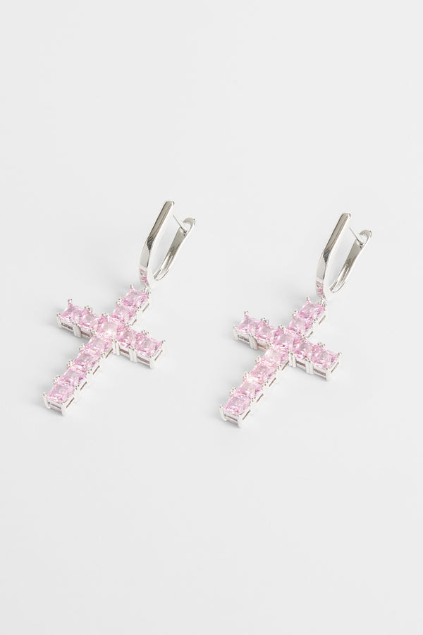 Iced Pink Cross Drop Earrings - White Gold