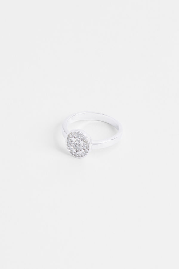 Iced Happy Face Ring - White Gold