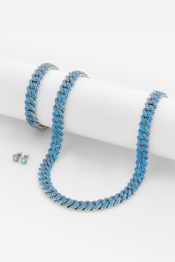 14mm Iced Blue Prong Cuban Chain + Bracelet & Iced Blue Clustered Stud Earrings Bundle - White Gold