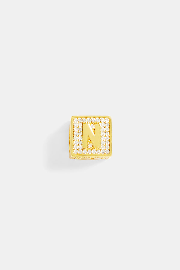 Gold Plated Iced N Letter Block Pendant