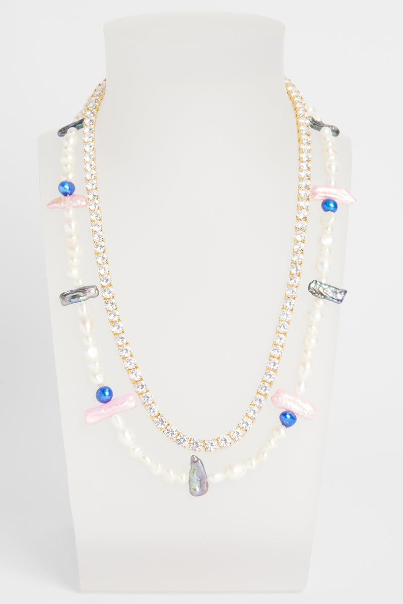 Iridescent Mixed Pearl and Shard Necklace & 5mm Tennis Chain - Gold