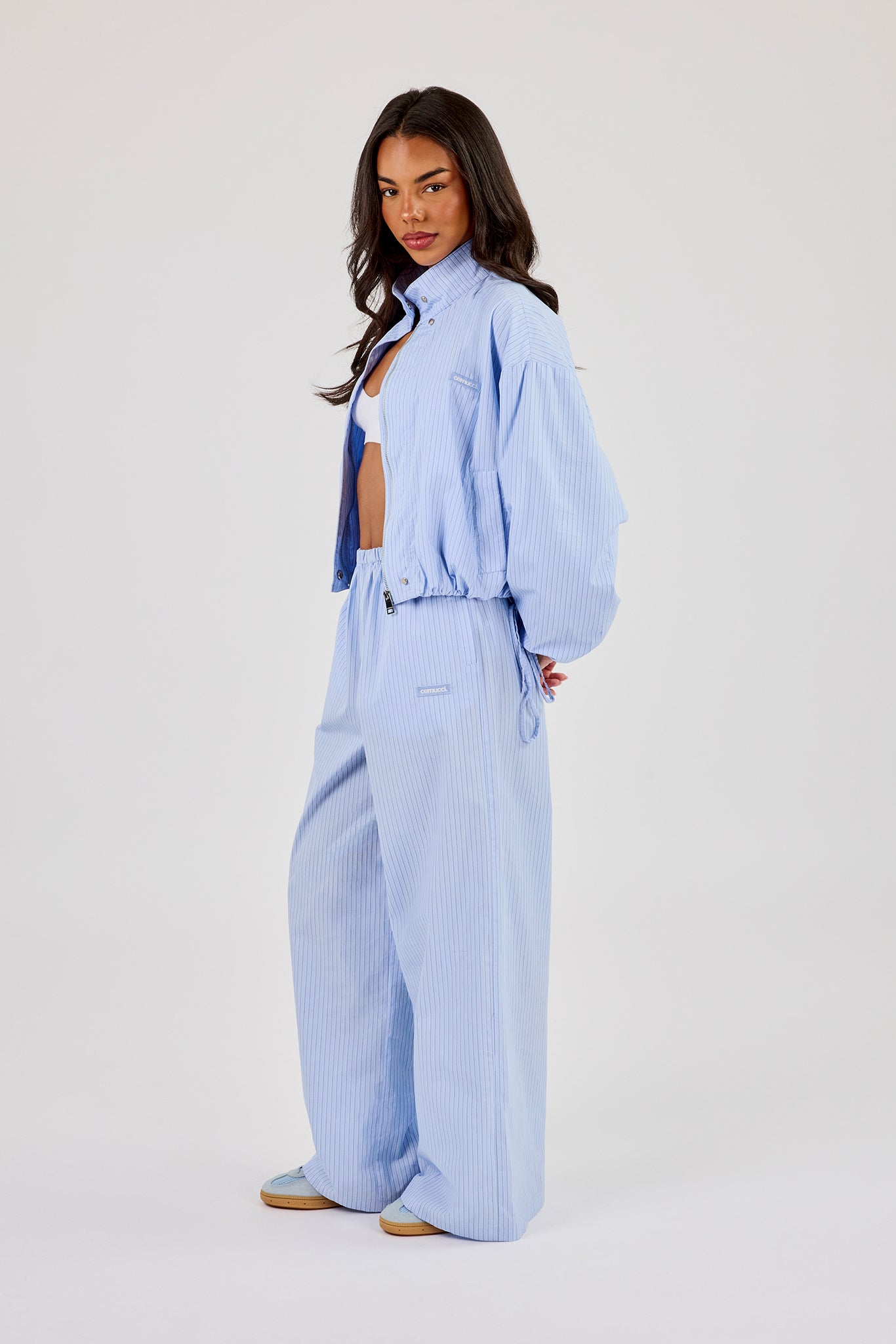 Nylon Striped Funnel Neck Jacket & Wide Leg Trouser – Baby Blue