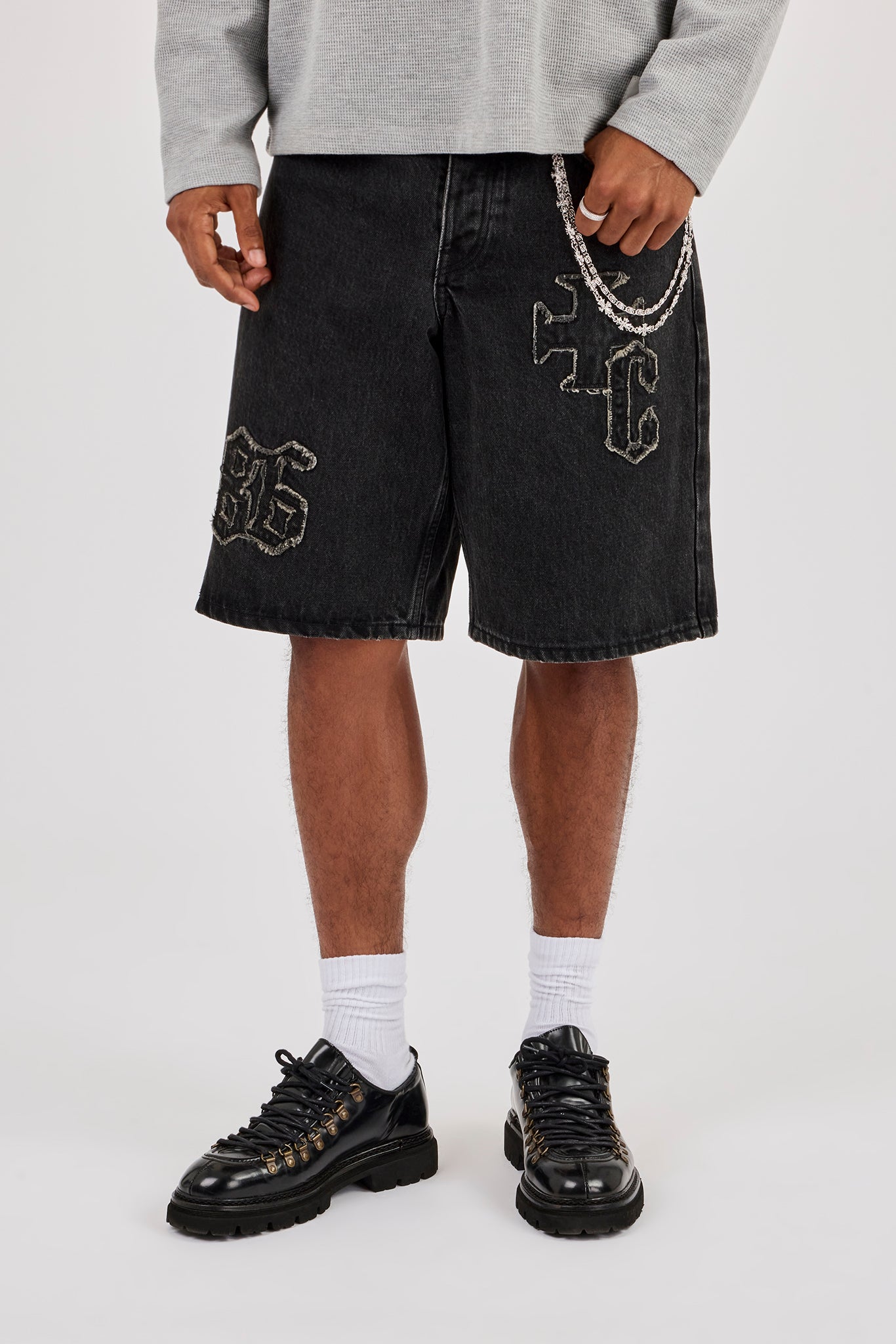 Denim Applique Jort & 10mm Polished Double Layer Cross Motif Jean Chain - Washed Black
