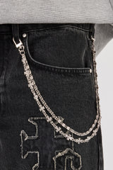 Denim Applique Jort & 10mm Polished Double Layer Cross Motif Jean Chain - Washed Black