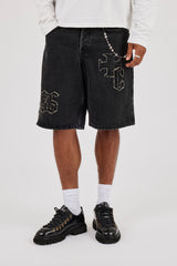 Denim Applique Jort & 10mm Cernucci Motif Jean Chain - Washed Black