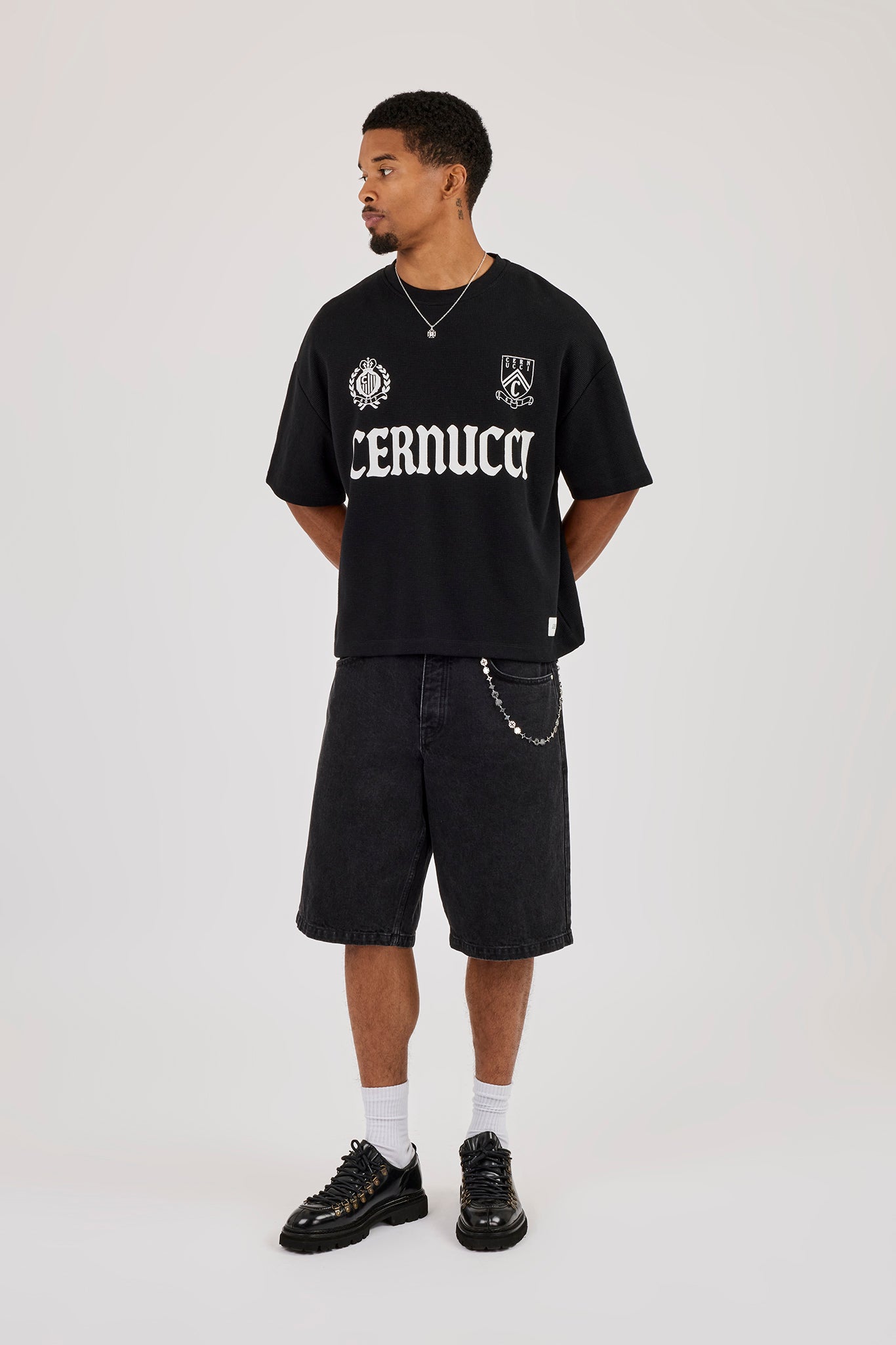 Denim Bermuda Jorts & 10mm Cernucci Motif Jean Chain - Washed Black