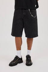 Denim Bermuda Jorts & 10mm Cernucci Motif Jean Chain - Washed Black