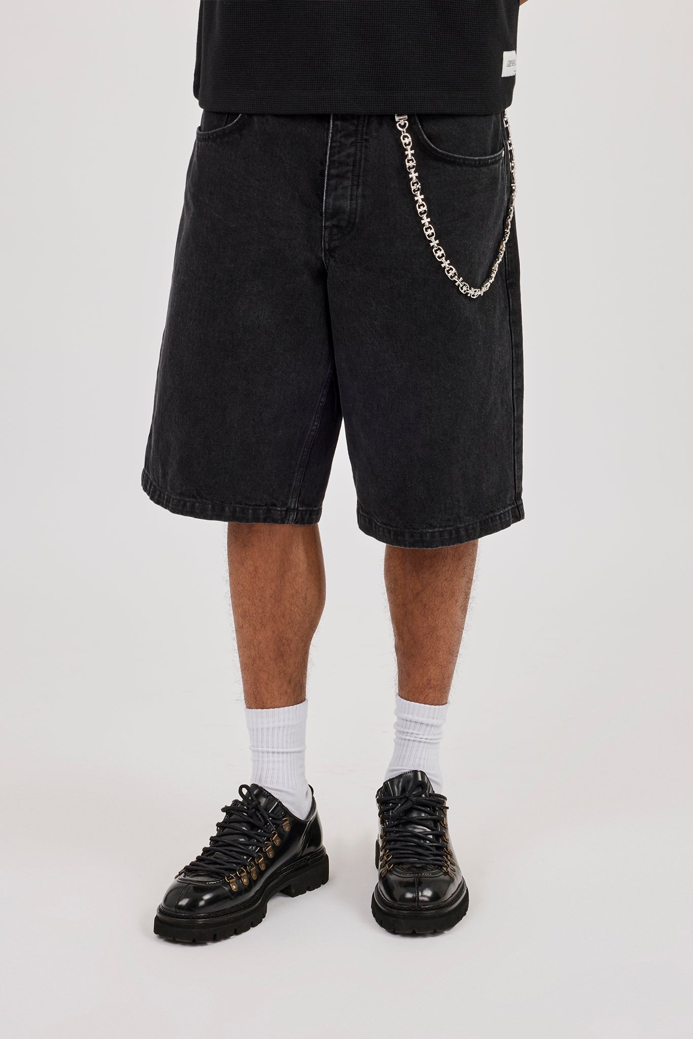 Denim Bermuda Jorts & 10mm Polished Multi Cross Polished Jean Chain - Washed Black