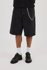 Denim Bermuda Jorts & 10mm Polished Multi Cross Polished Jean Chain - Washed Black