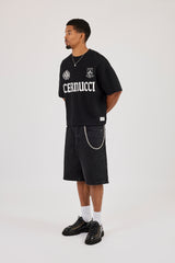 Denim Bermuda Jorts & 10mm Polished Multi Cross Polished Jean Chain - Washed Black