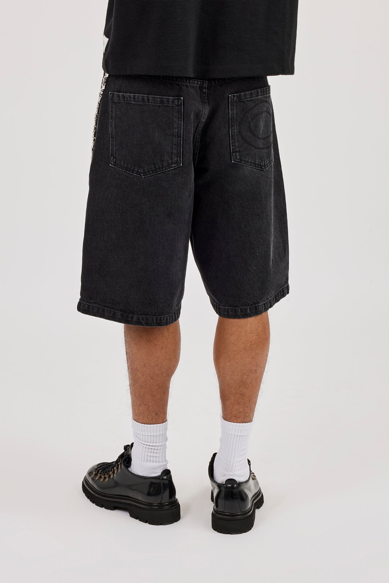 Denim Bermuda Jorts & 10mm Polished Multi Cross Polished Jean Chain - Washed Black