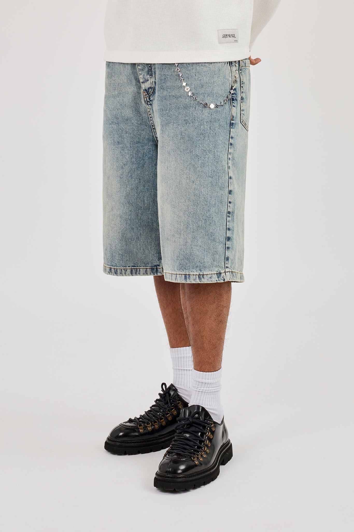 Denim Baggy Jort & 10mm Cernucci Motif Jean Chain - Antique Wash