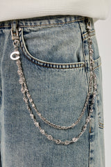 Denim Baggy Jort & 10mm C Branded Double Layer Rose Motif Jean Chain - Antique Wash