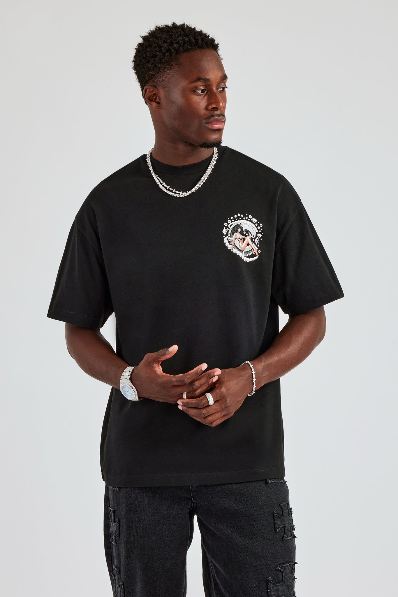 Pearl and Diamond C Graphic Oversized T-Shirt - Black | Mens Tees