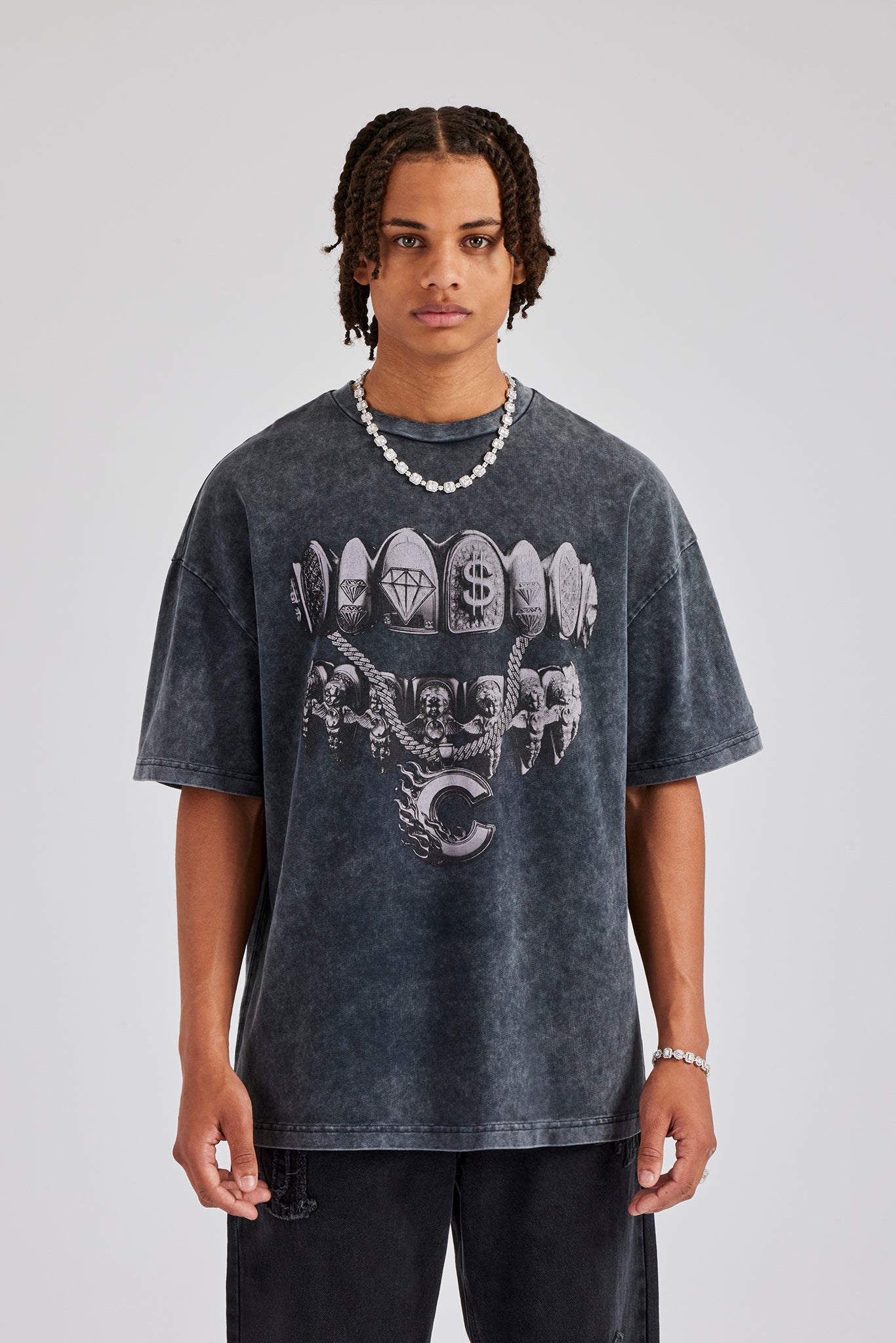 Oversize-T-Shirt mit Acid-Wash-Grafik „Diamond Grills“