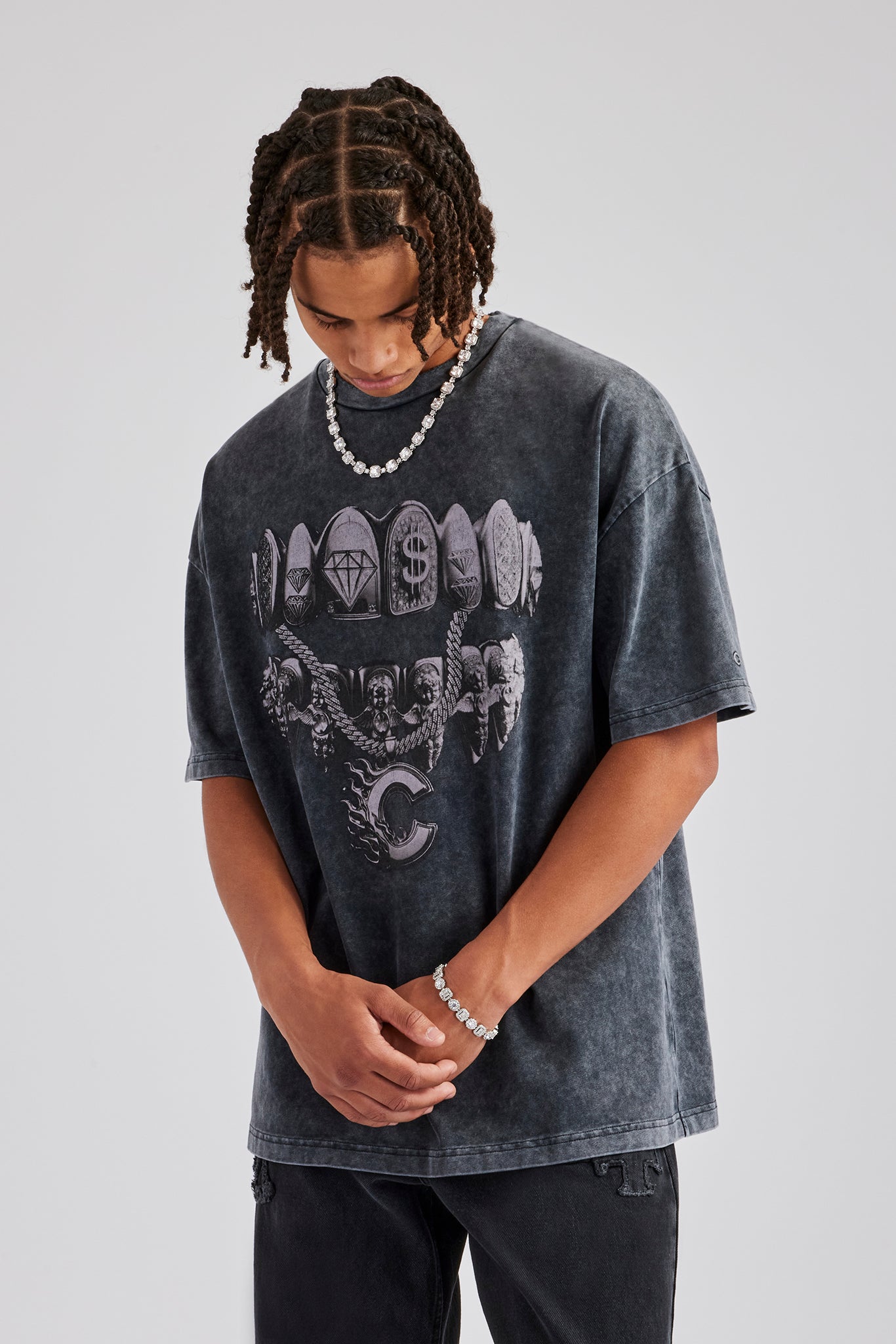 Oversize-T-Shirt mit Acid-Wash-Grafik „Diamond Grills“