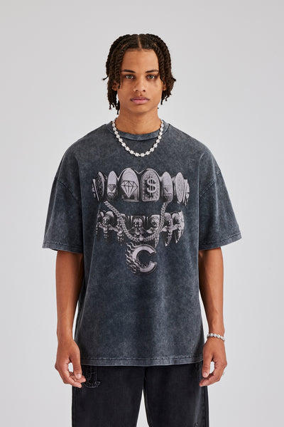 Acid Wash Diamond Grills Graphic Oversized T-Shirt | Mens Tees