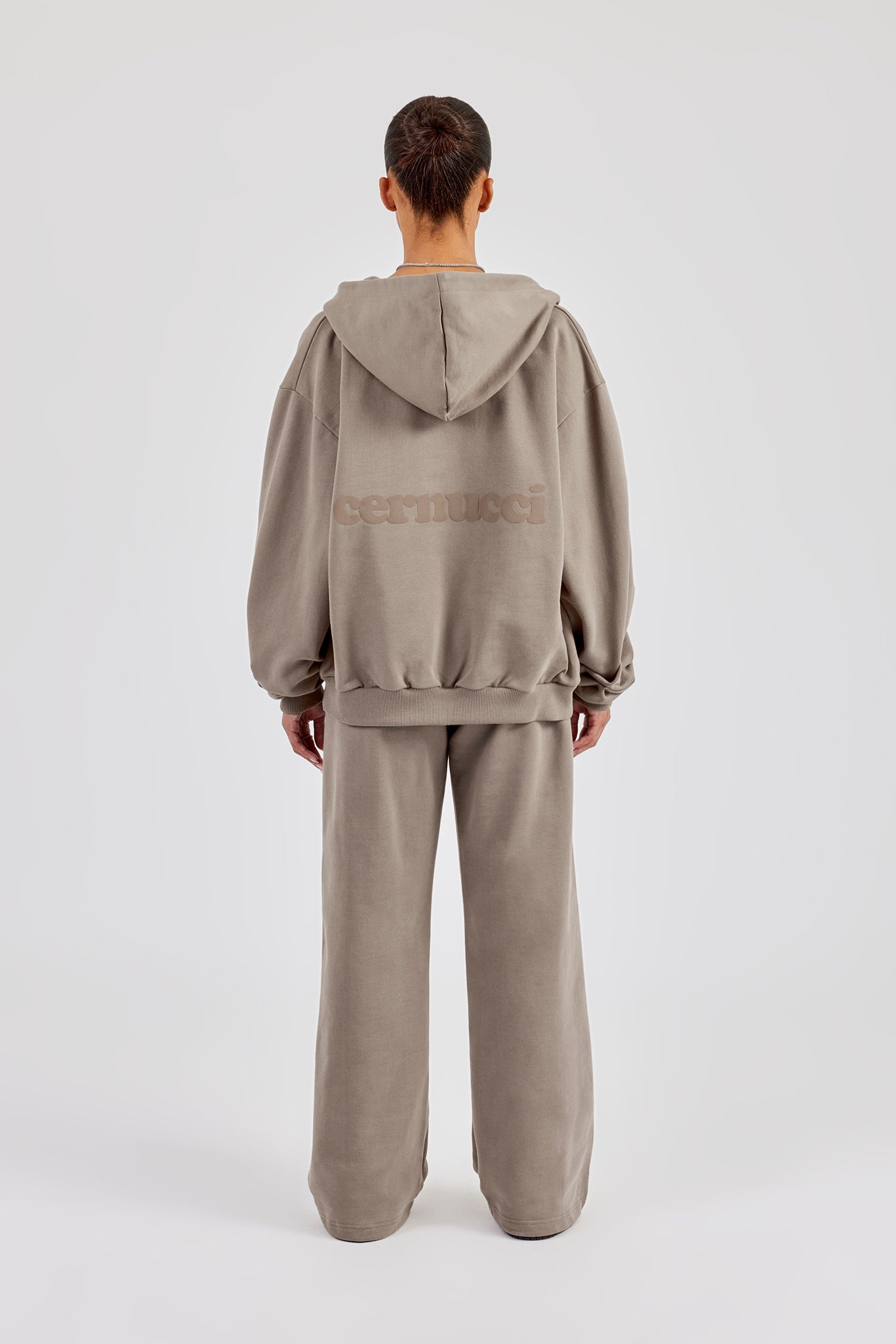 Cernucci Oversized Zip Through Hoodie & Wide Leg Jogger - Taupe