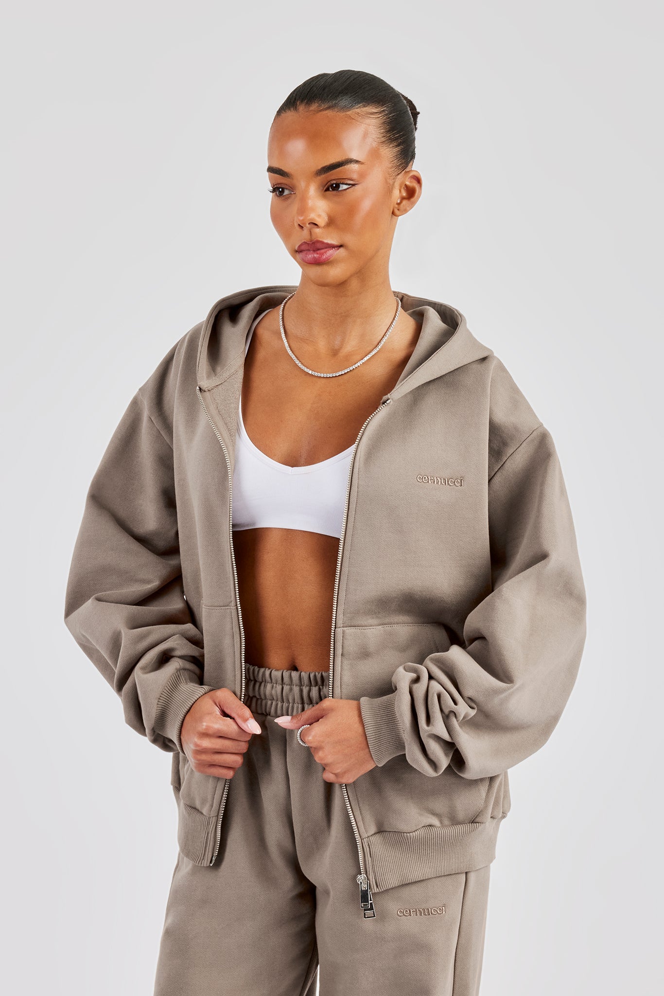Cernucci Oversized Zip Through Hoodie - Taupe | Womens Hoodies