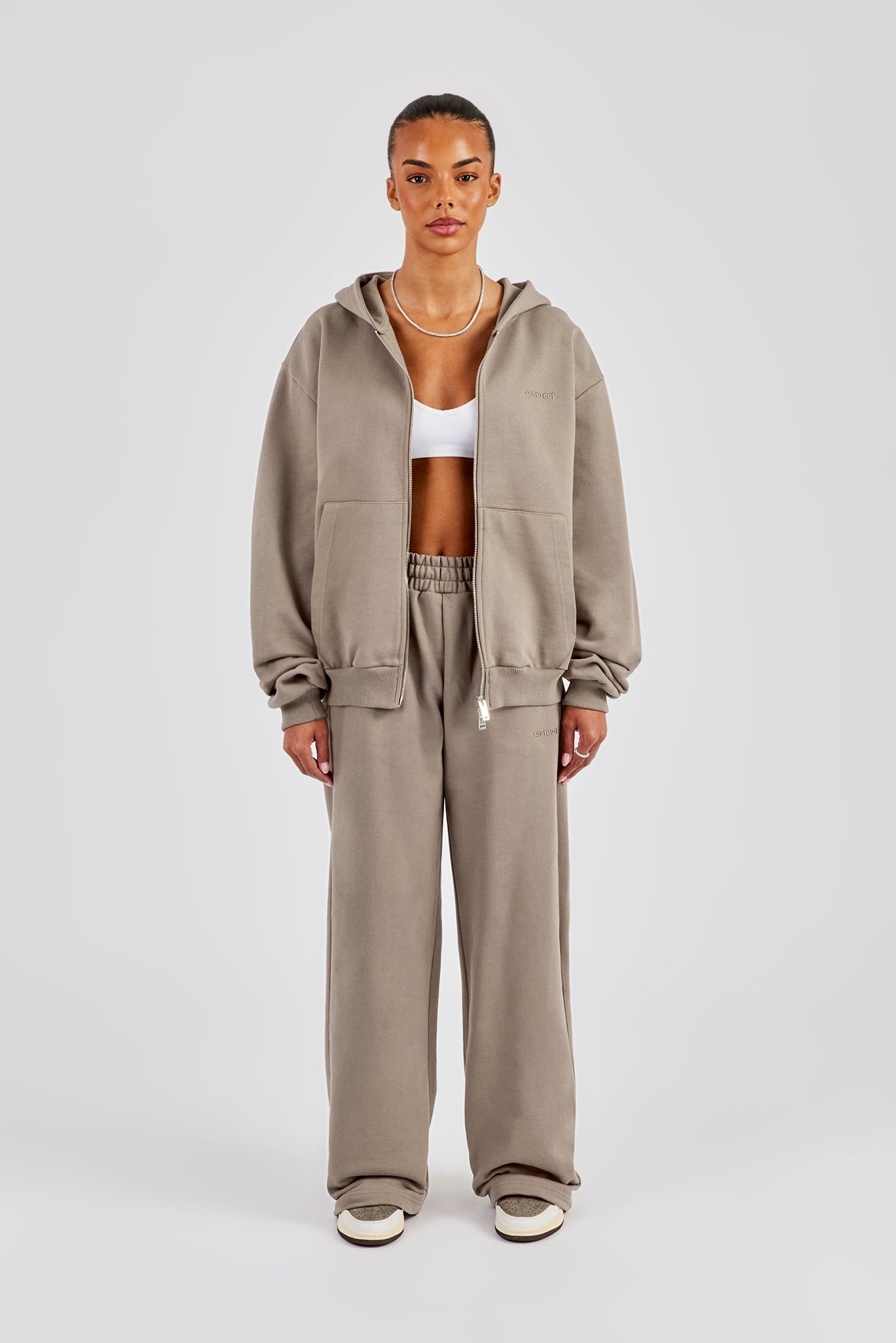 Cernucci Oversized Zip Through Hoodie & Wide Leg Jogger - Taupe