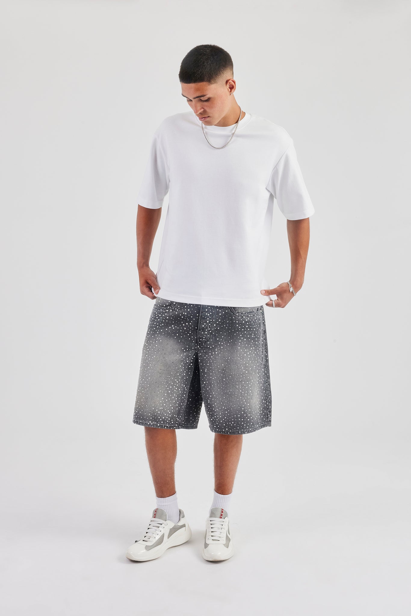 Rhinestone Denim Bermuda Jort - Washed Grey