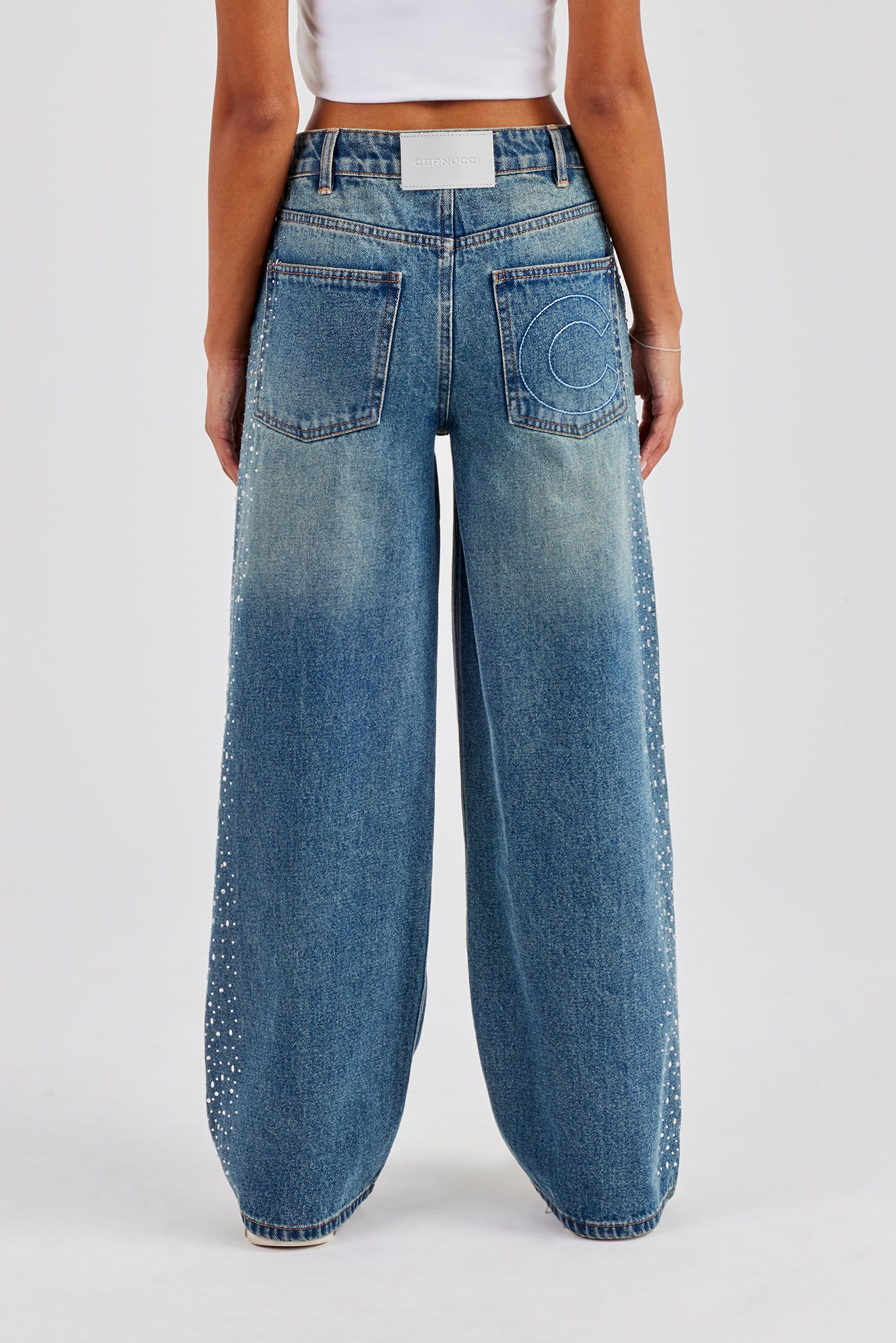 Baggy Rhinestone Side Detail Jeans - Antique Wash | Womens Denim