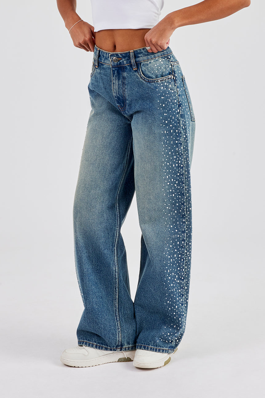 Baggy Rhinestone Side Detail Jeans - Antique Wash | Womens Denim