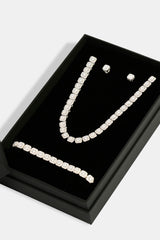 Clustered Tennis Chain, Bracelet & Iced Cluster Stud Earrings Set - 7mm - White